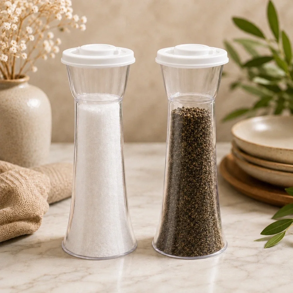 Hourglass Salt and Pepper Shakers Plastic Set Clear White Flip Top Seals NEW